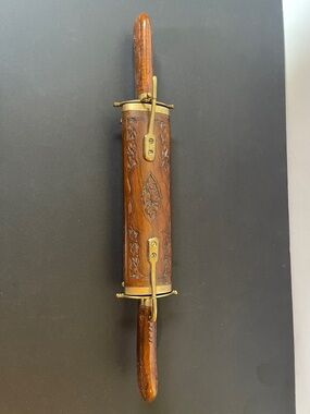 Hand Carved Wooden knife and fork in sheath with Brass Accents - made in India